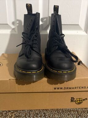 Dr. Martens Pascal Bex Black Leather Lace-Up Combat Boots with Yellow Stitching
